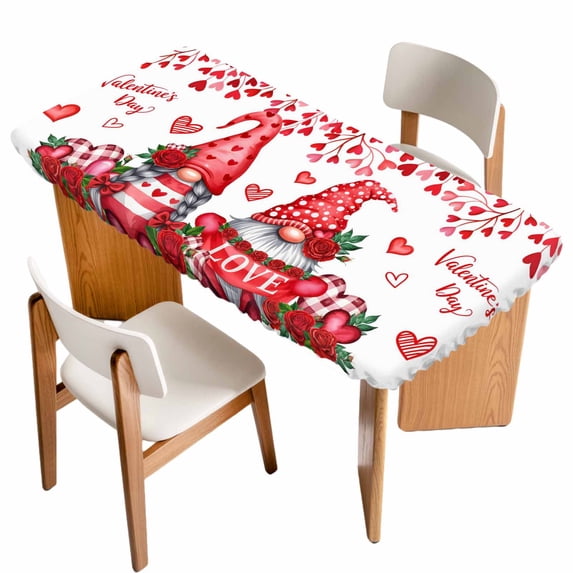 Valentine's Day Table Cloths for 3 Foot Rectangle Tables, Red Gnomes Love Roses Romantic White Patio Waterproof Elastic Fitted Tablecloths, Washable Rectangular Table Cover for Camping