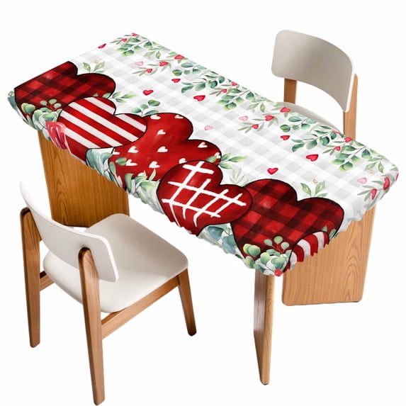 Valentine's Day Table Cloths for 3 Foot Rectangle Tables, Red Love Heart Eucalyptus Floral Grey Plaid Patio Waterproof Elastic Fitted Tablecloths, Washable Rectangular Table Cover for Camping