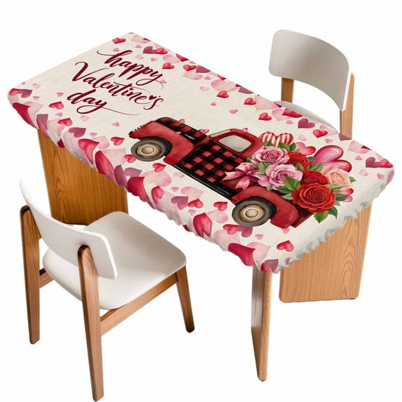Valentine's Day Table Cloths for 3 Foot Rectangle Tables, Red Roses Car Love Hearts Romantic Burlap Patio Waterproof Elastic Fitted Tablecloths, Washable Rectangular Table Cover for Camping