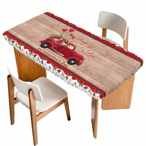 Valentine's Day Table Cloths for 3 Foot Rectangle Tables, Red Truck Love Heart Roses Romantic Wooden Patio Waterproof Elastic Fitted Tablecloths, Washable Rectangular Table Cover for Camping