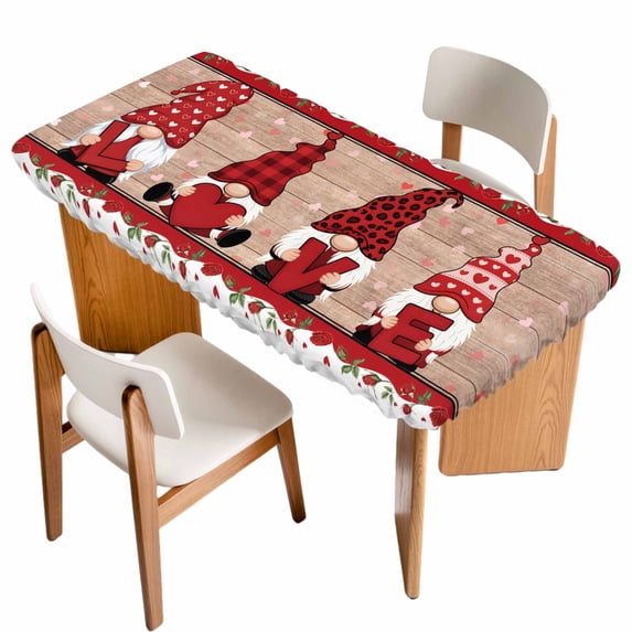 Valentine's Day Table Cloths for 3 Foot Rectangle Tables, Romantic Roses Love Heart Gnomes Wooden Patio Waterproof Elastic Fitted Tablecloths, Washable Rectangular Table Cover for Camping
