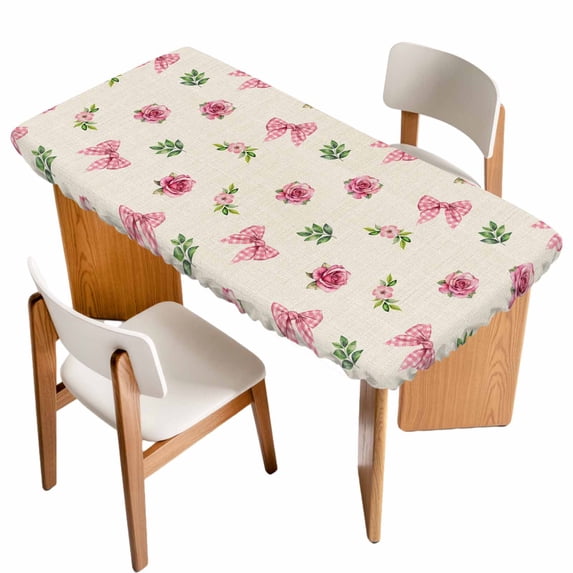 Valentine's Day Table Cloths for 3 Foot Rectangle Tables, Spring Roses Romantic Pink Bows Vintage Patio Waterproof Elastic Fitted Tablecloths, Washable Rectangular Table Cover for Camping
