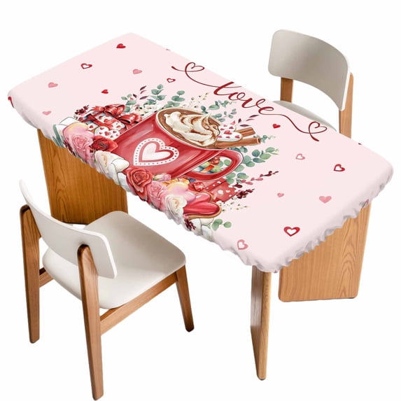 Valentine's Day Table Cloths for 4 Foot Rectangle Tables, Eucalyptus Leaves Coffee Gifts Romantic Patio Waterproof Elastic Fitted Tablecloths, Washable Rectangular Table Cover for Camping