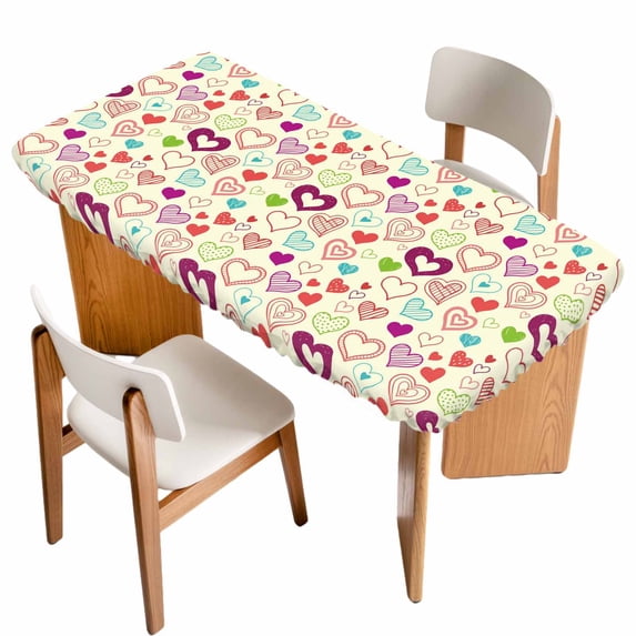 Valentine's Day Table Cloths for 4 Foot Rectangle Tables, Heart Love Modern Country Light Yellow Patio Waterproof Elastic Fitted Tablecloths, Washable Rectangular Table Cover for Camping