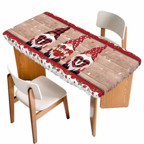 Valentine's Day Table Cloths for 4 Foot Rectangle Tables, Love Heart Romantic Roses Gnomes Wooden Patio Waterproof Elastic Fitted Tablecloths, Washable Rectangular Table Cover for Camping