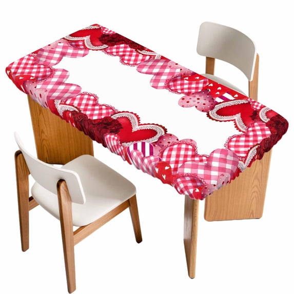 Valentine's Day Table Cloths for 4 Foot Rectangle Tables, Pink Buffalo Plaid Love Hearts Roses Patio Waterproof Elastic Fitted Tablecloths, Washable Rectangular Table Cover for Camping