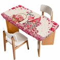 thumbnail image 1 of Valentine's Day Table Cloths for 4 Foot Rectangle Tables, Pink Gnomes Love Roses Sweet Beige Patio Waterproof Elastic Fitted Tablecloths, Washable Rectangular Table Cover for Camping, 1 of 8