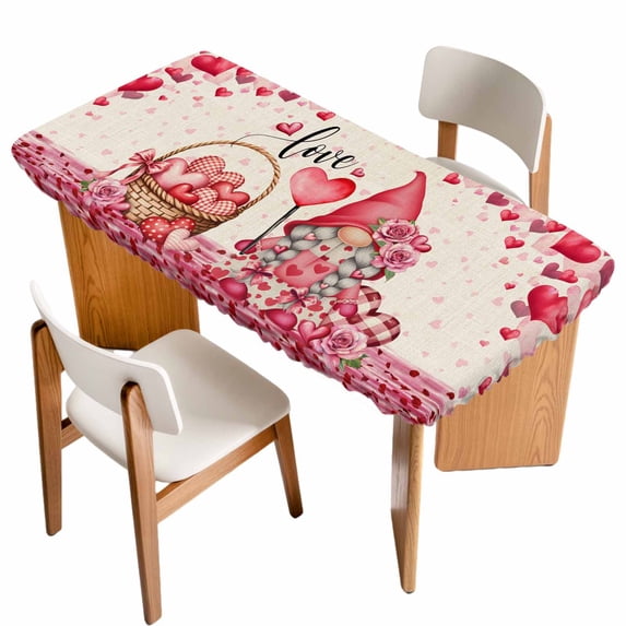 Valentine's Day Table Cloths for 4 Foot Rectangle Tables, Pink Gnomes Love Roses Sweet Beige Patio Waterproof Elastic Fitted Tablecloths, Washable Rectangular Table Cover for Camping