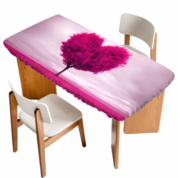 Valentine's Day Table Cloths for 4 Foot Rectangle Tables, Pink Love Heart Trees Spring Romance Patio Waterproof Elastic Fitted Tablecloths, Washable Rectangular Table Cover for Camping