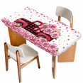 thumbnail image 1 of Valentine's Day Table Cloths for 4 Foot Rectangle Tables, Pink Love Roses Truck Romantic White Patio Waterproof Elastic Fitted Tablecloths, Washable Rectangular Table Cover for Camping, 1 of 8