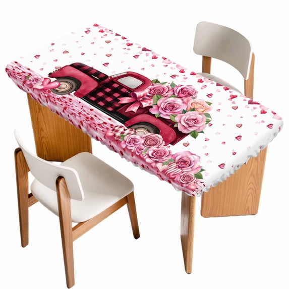 Valentine's Day Table Cloths for 4 Foot Rectangle Tables, Pink Love Roses Truck Romantic White Patio Waterproof Elastic Fitted Tablecloths, Washable Rectangular Table Cover for Camping