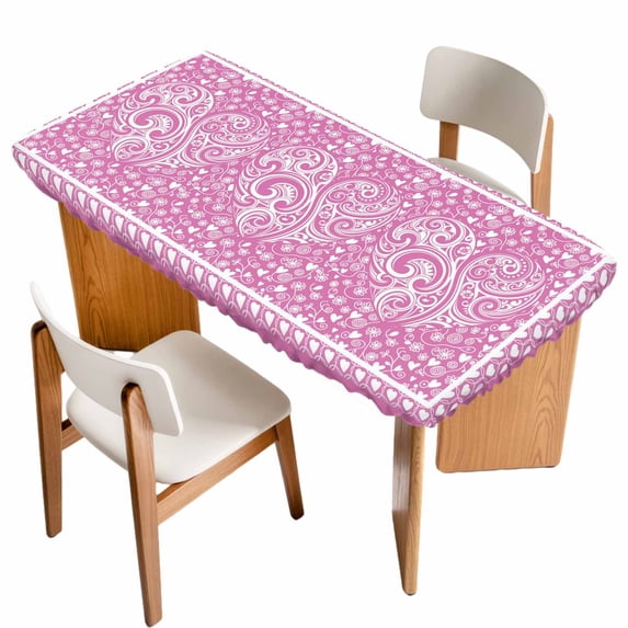 Valentine's Day Table Cloths for 4 Foot Rectangle Tables, Pink Love Rustic Retro Abstract Art Patio Waterproof Elastic Fitted Tablecloths, Washable Rectangular Table Cover for Camping