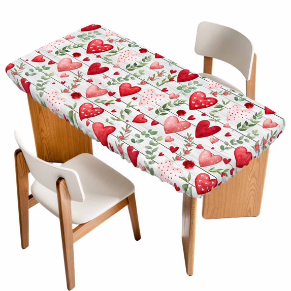 Valentine's Day Table Cloths for 4 Foot Rectangle Tables, Pink Red Love Heart Green Botanicalvintage Patio Waterproof Elastic Fitted Tablecloths, Washable Rectangular Table Cover for Camping