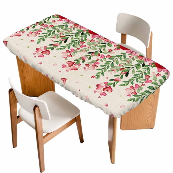 Valentine's Day Table Cloths for 4 Foot Rectangle Tables, Pink Red Roses Love Heart Eucalyptus Burlap Patio Waterproof Elastic Fitted Tablecloths, Washable Rectangular Table Cover for Camping