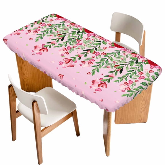 Valentine's Day Table Cloths for 4 Foot Rectangle Tables, Pink Red Roses Love Heart Eucalyptus Gradient Patio Waterproof Elastic Fitted Tablecloths, Washable Rectangular Table Cover for Camping
