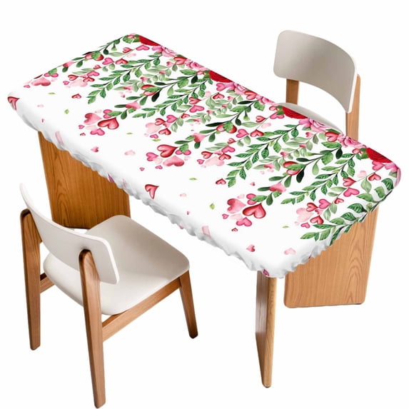 Valentine's Day Table Cloths for 4 Foot Rectangle Tables, Pink Red Roses Love Heart Eucalyptus Leaves Patio Waterproof Elastic Fitted Tablecloths, Washable Rectangular Table Cover for Camping