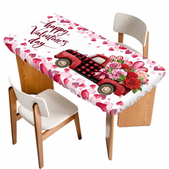 Valentine's Day Table Cloths for 4 Foot Rectangle Tables, Pink Roses Car Love Hearts Romantic Patio Waterproof Elastic Fitted Tablecloths, Washable Rectangular Table Cover for Camping
