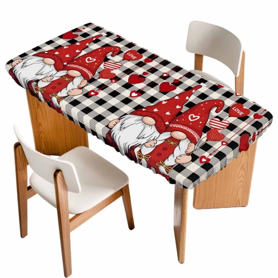 Valentine's Day Table Cloths for 4 Foot Rectangle Tables, Red Gnomes Love Balloon Black White Plaid Patio Waterproof Elastic Fitted Tablecloths, Washable Rectangular Table Cover for Camping