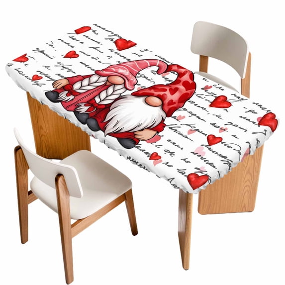 Valentine's Day Table Cloths for 4 Foot Rectangle Tables, Red Gnomes Love Letter Romantic Patio Waterproof Elastic Fitted Tablecloths, Washable Rectangular Table Cover for Camping