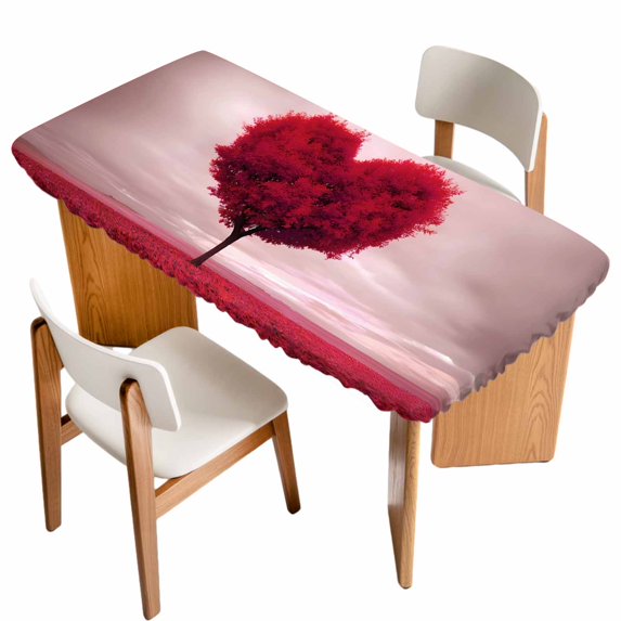 Valentine's Day Table Cloths for 4 Foot Rectangle Tables, Red Heart Love Trees Romance Spring Patio Waterproof Elastic Fitted Tablecloths, Washable Rectangular Table Cover for Camping