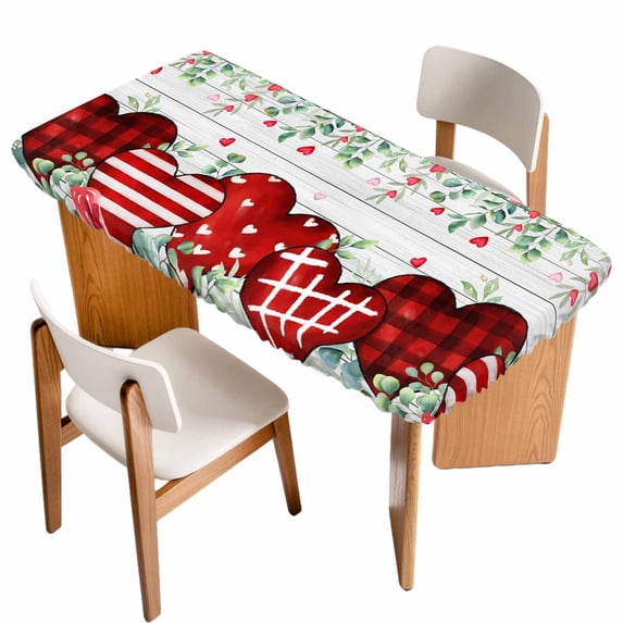 Valentine's Day Table Cloths for 4 Foot Rectangle Tables, Red Love Heart Eucalyptus Floral Grey Wood Patio Waterproof Elastic Fitted Tablecloths, Washable Rectangular Table Cover for Camping