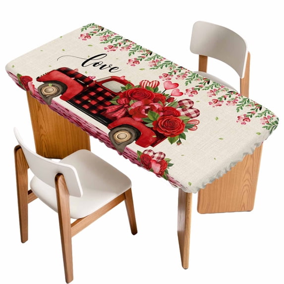 Valentine's Day Table Cloths for 4 Foot Rectangle Tables, Red Plaid Truck Love Roses Leaves Beige Patio Waterproof Elastic Fitted Tablecloths, Washable Rectangular Table Cover for Camping