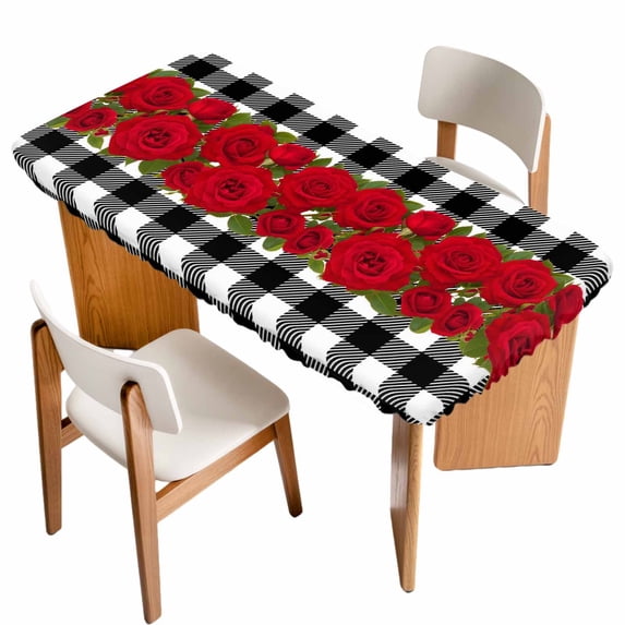 Valentine's Day Table Cloths for 4 Foot Rectangle Tables, Red Roses Floral Leaves Buffalo Plaid Patio Waterproof Elastic Fitted Tablecloths, Washable Rectangular Table Cover for Camping