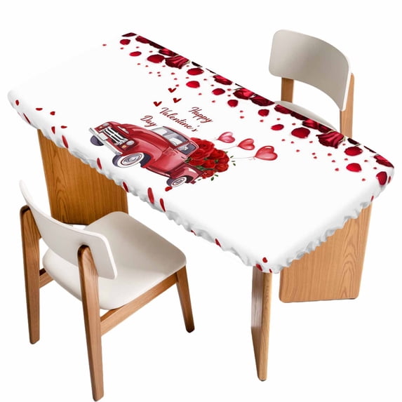Valentine's Day Table Cloths for 4 Foot Rectangle Tables, Red Truck Roses Romantic Love Heart Sweet Patio Waterproof Elastic Fitted Tablecloths, Washable Rectangular Table Cover for Camping