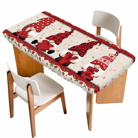 Valentine's Day Table Cloths for 4 Foot Rectangle Tables, Romantic Roses Love Heart Gnomes Rustic Patio Waterproof Elastic Fitted Tablecloths, Washable Rectangular Table Cover for Camping
