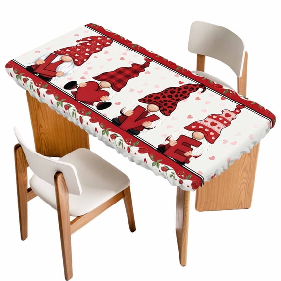 Valentine's Day Table Cloths for 4 Foot Rectangle Tables, Roses Love Heart Gnomes Romantic Patio Waterproof Elastic Fitted Tablecloths, Washable Rectangular Table Cover for Camping