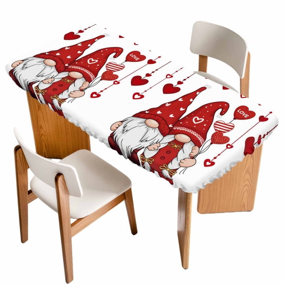 Valentine's Day Table Cloths for 4 Foot Rectangle Tables, Simple Romantic Gnomes Red Love Heart Patio Waterproof Elastic Fitted Tablecloths, Washable Rectangular Table Cover for Camping