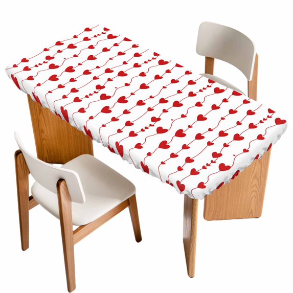 Valentine's Day Table Cloths for 4 Foot Rectangle Tables, Sweet Love Heart Lines Romantic Red Patio Waterproof Elastic Fitted Tablecloths, Washable Rectangular Table Cover for Camping