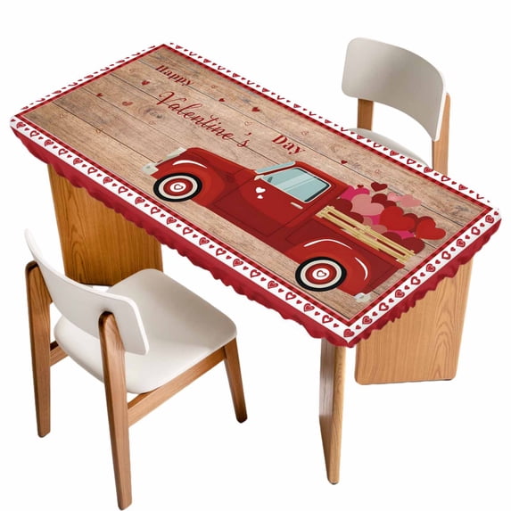 Valentine's Day Table Cloths for 4 Foot Rectangle Tables, Vintage Love Heart Truck Wooden Valentines Patio Waterproof Elastic Fitted Tablecloths, Washable Rectangular Table Cover for Camping