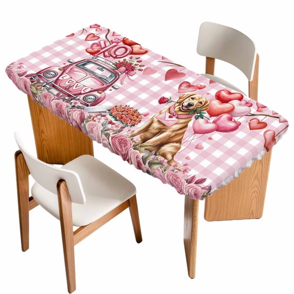 Valentine's Day Table Cloths for 4 Foot Rectangle Tables, Watercolor Love Roses Dog Truck Pink Plaid Patio Waterproof Elastic Fitted Tablecloths, Washable Rectangular Table Cover for Camping