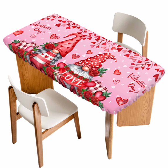 Valentine's Day Table Cloths for 5 Foot Rectangle Tables, Gnomes Roses Loves Romantic Watercolor Patio Waterproof Elastic Fitted Tablecloths, Washable Rectangular Table Cover for Camping