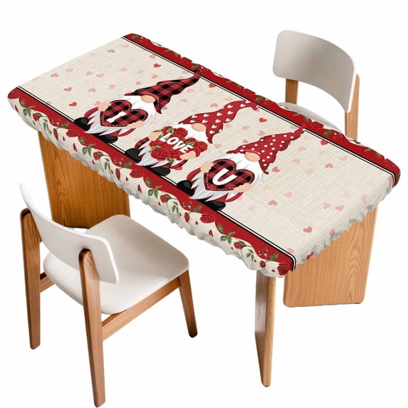 Valentine's Day Table Cloths for 5 Foot Rectangle Tables, Love Heart Roses Gnomes Romantic Rustic Patio Waterproof Elastic Fitted Tablecloths, Washable Rectangular Table Cover for Camping