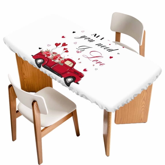 Valentine's Day Table Cloths for 5 Foot Rectangle Tables, Love Heart Roses Romantic Modern Art Patio Waterproof Elastic Fitted Tablecloths, Washable Rectangular Table Cover for Camping
