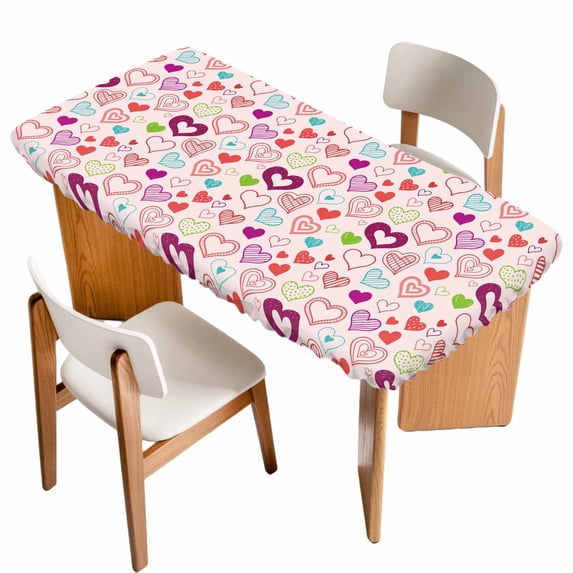 Valentine's Day Table Cloths for 5 Foot Rectangle Tables, Pink Heart Love Modern Country Patio Waterproof Elastic Fitted Tablecloths, Washable Rectangular Table Cover for Camping