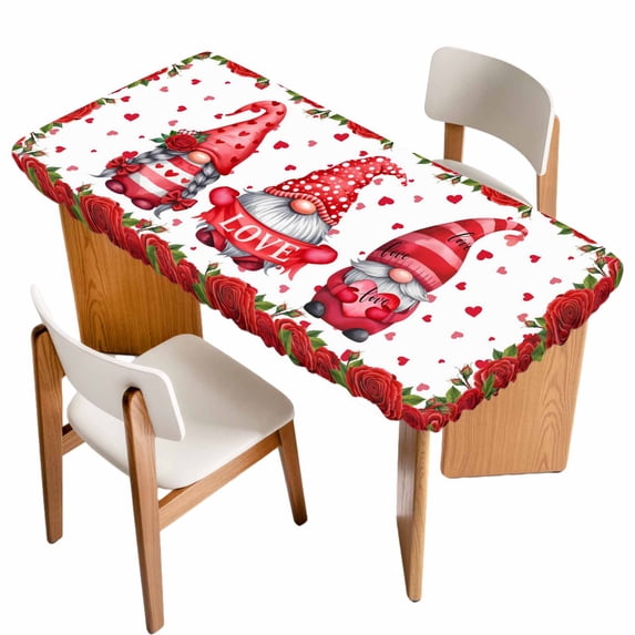 Valentine's Day Table Cloths for 5 Foot Rectangle Tables, Red Gnomes Roses Flowers Love Romance Patio Waterproof Elastic Fitted Tablecloths, Washable Rectangular Table Cover for Camping