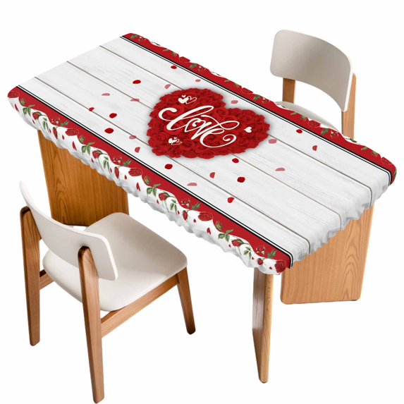 Valentine's Day Table Cloths for 5 Foot Rectangle Tables, Red Love Heart Roses Romantic Wooden Patio Waterproof Elastic Fitted Tablecloths, Washable Rectangular Table Cover for Camping