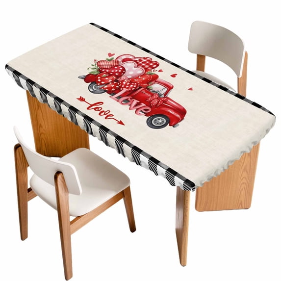 Valentine's Day Table Cloths for 5 Foot Rectangle Tables, Red Loves Truck Romantic Buffalo Plaid Beige Patio Waterproof Elastic Fitted Tablecloths, Washable Rectangular Table Cover for Camping