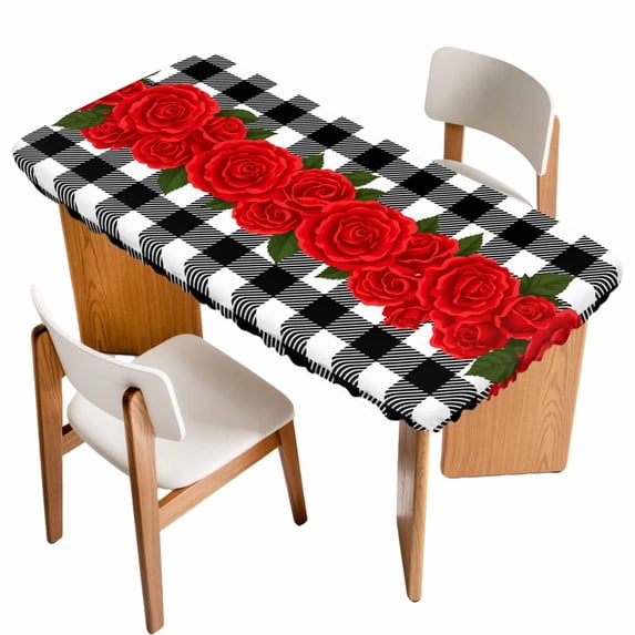 Valentine's Day Table Cloths for 5 Foot Rectangle Tables, Red Rose Flowers Buffalo Plaid Romantic Patio Waterproof Elastic Fitted Tablecloths, Washable Rectangular Table Cover for Camping