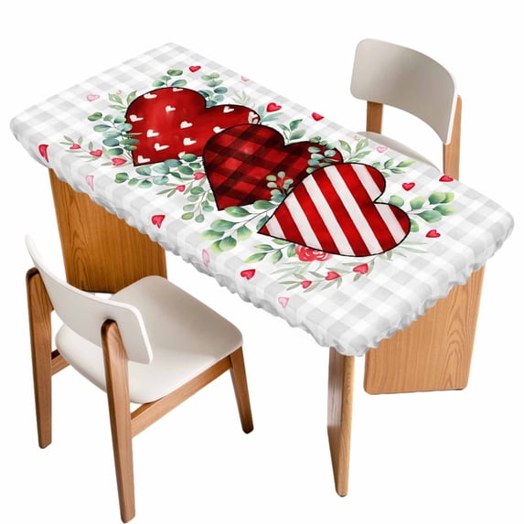 Valentine's Day Table Cloths for 5 Foot Rectangle Tables, Red Striped Love Eucalyptus Grey Plaid Patio Waterproof Elastic Fitted Tablecloths, Washable Rectangular Table Cover for Camping