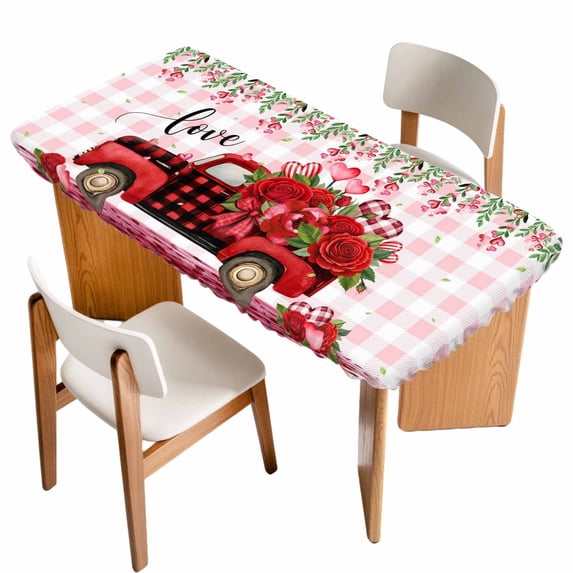 Valentine's Day Table Cloths for 5 Foot Rectangle Tables, Red Truck Roses Love Leaves Pink Plaid Patio Waterproof Elastic Fitted Tablecloths, Washable Rectangular Table Cover for Camping