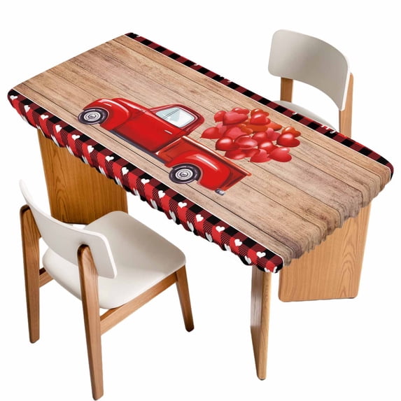Valentine's Day Table Cloths for 5 Foot Rectangle Tables, Romantic Red Truck Love Wood Plaid Brown Patio Waterproof Elastic Fitted Tablecloths, Washable Rectangular Table Cover for Camping