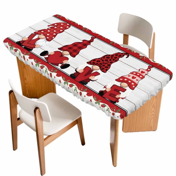 Valentine's Day Table Cloths for 5 Foot Rectangle Tables, Romantic Roses Love Heart Gnomes Vintage Patio Waterproof Elastic Fitted Tablecloths, Washable Rectangular Table Cover for Camping