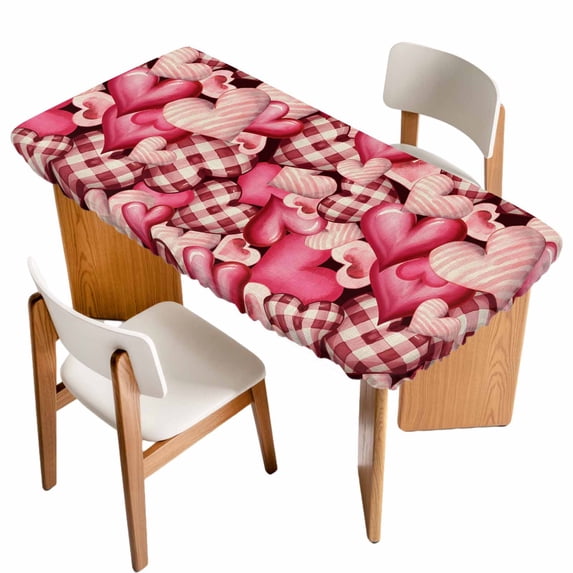 Valentine's Day Table Cloths for 5 Foot Rectangle Tables, Romantic Watercolor Love Pink Plaid Beige Patio Waterproof Elastic Fitted Tablecloths, Washable Rectangular Table Cover for Camping