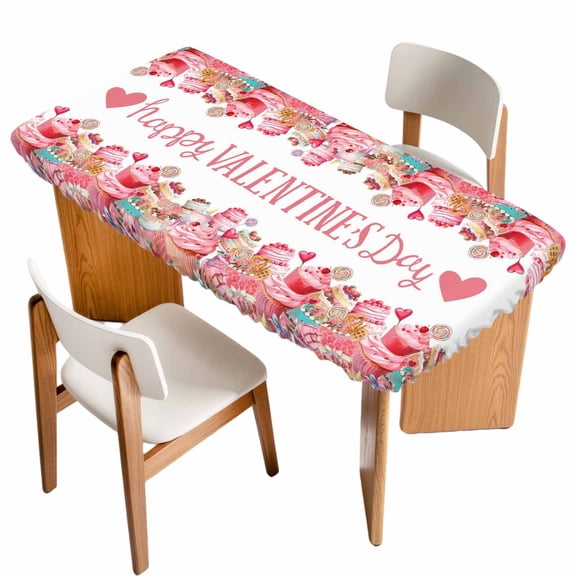 Valentine's Day Table Cloths for 5 Foot Rectangle Tables, Spring Watercolor Cake Pink Red Patio Waterproof Elastic Fitted Tablecloths, Washable Rectangular Table Cover for Camping