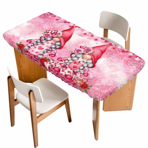 Valentine's Day Table Cloths for 5 Foot Rectangle Tables, Watercolor Gnomes Roses Love Romantic Patio Waterproof Elastic Fitted Tablecloths, Washable Rectangular Table Cover for Camping