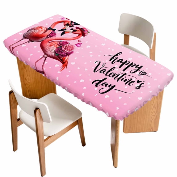 Valentine's Day Table Cloths for 6 Foot Rectangle Tables, Flamingos Roses Love Romance Ombre Pink Patio Waterproof Elastic Fitted Tablecloths, Washable Rectangular Table Cover for Camping